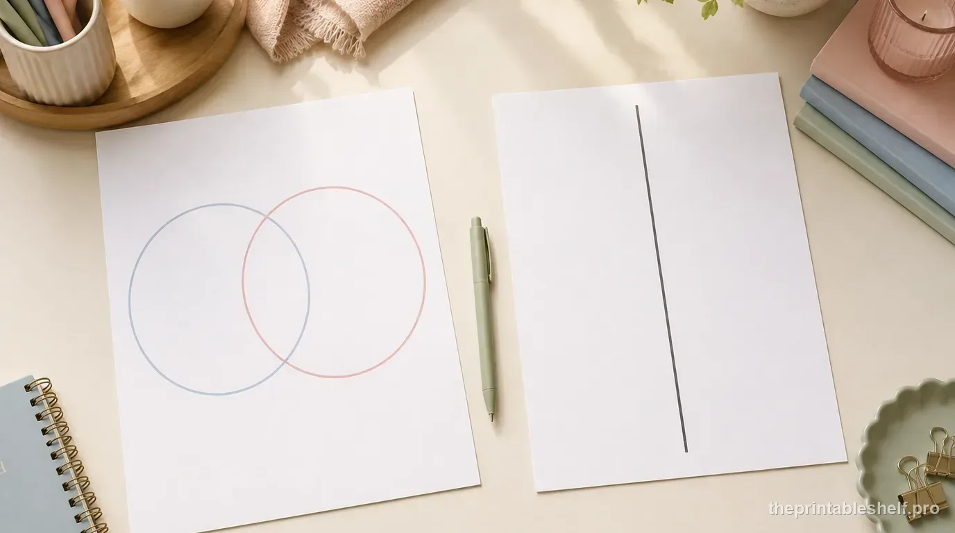Translucent pink-and-blue Venn circles beside a pastel physical T-chart on a clean comparison worksheet