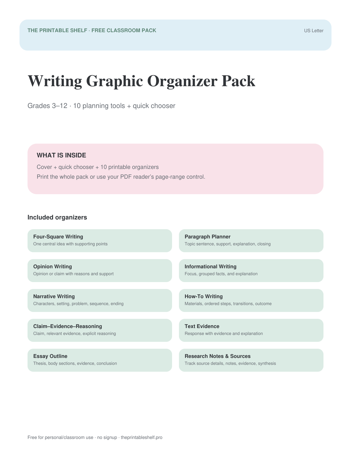 Cover preview of Free Writing Graphic Organizer Pack