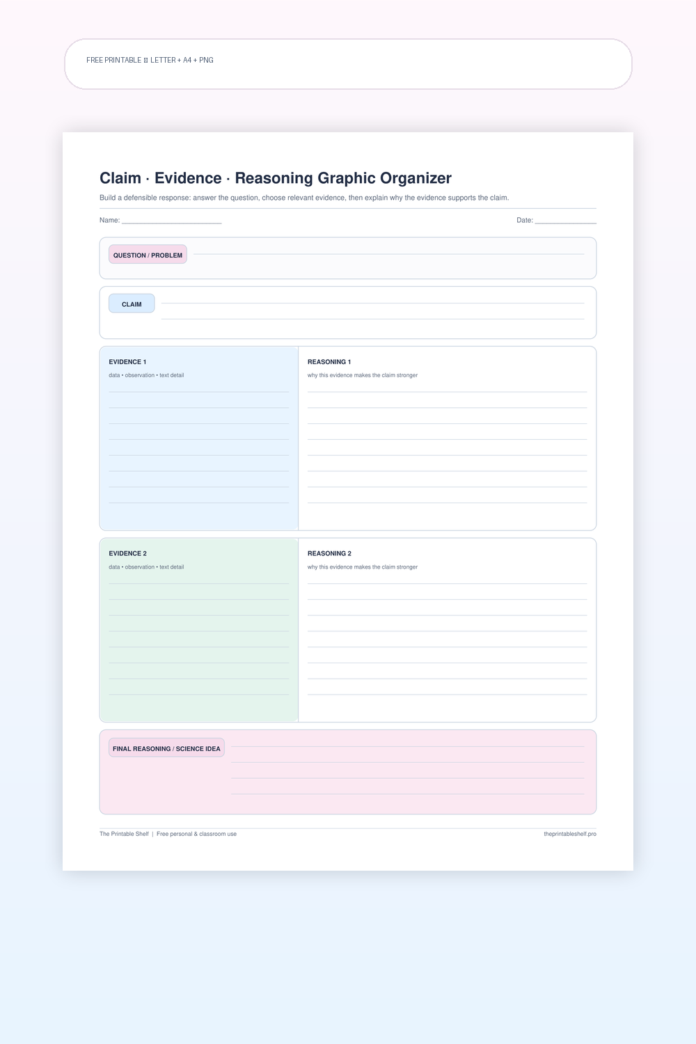 Claim evidence reasoning organizer with question claim two evidence and reasoning pairs and final science explanation