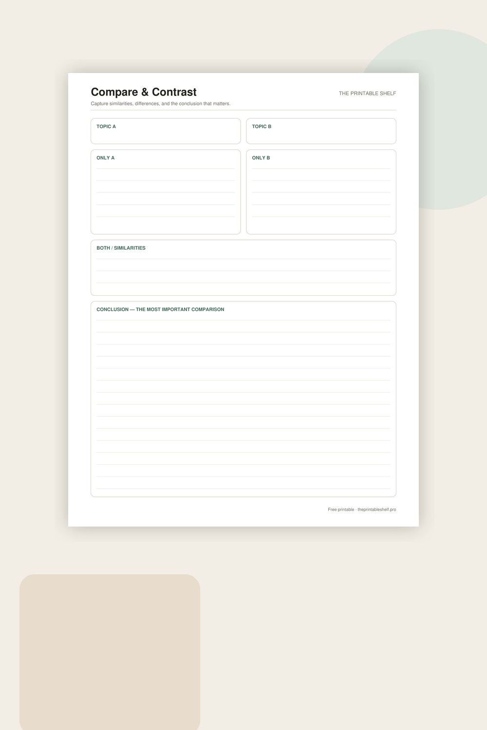 Compare and contrast printable with separate differences, similarities, and conclusion sections