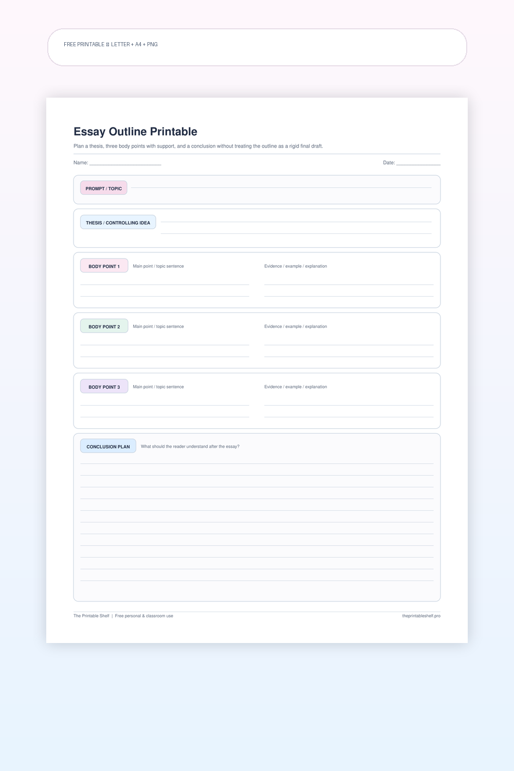 Essay outline printable with thesis, three body points, evidence and explanation notes, and conclusion plan