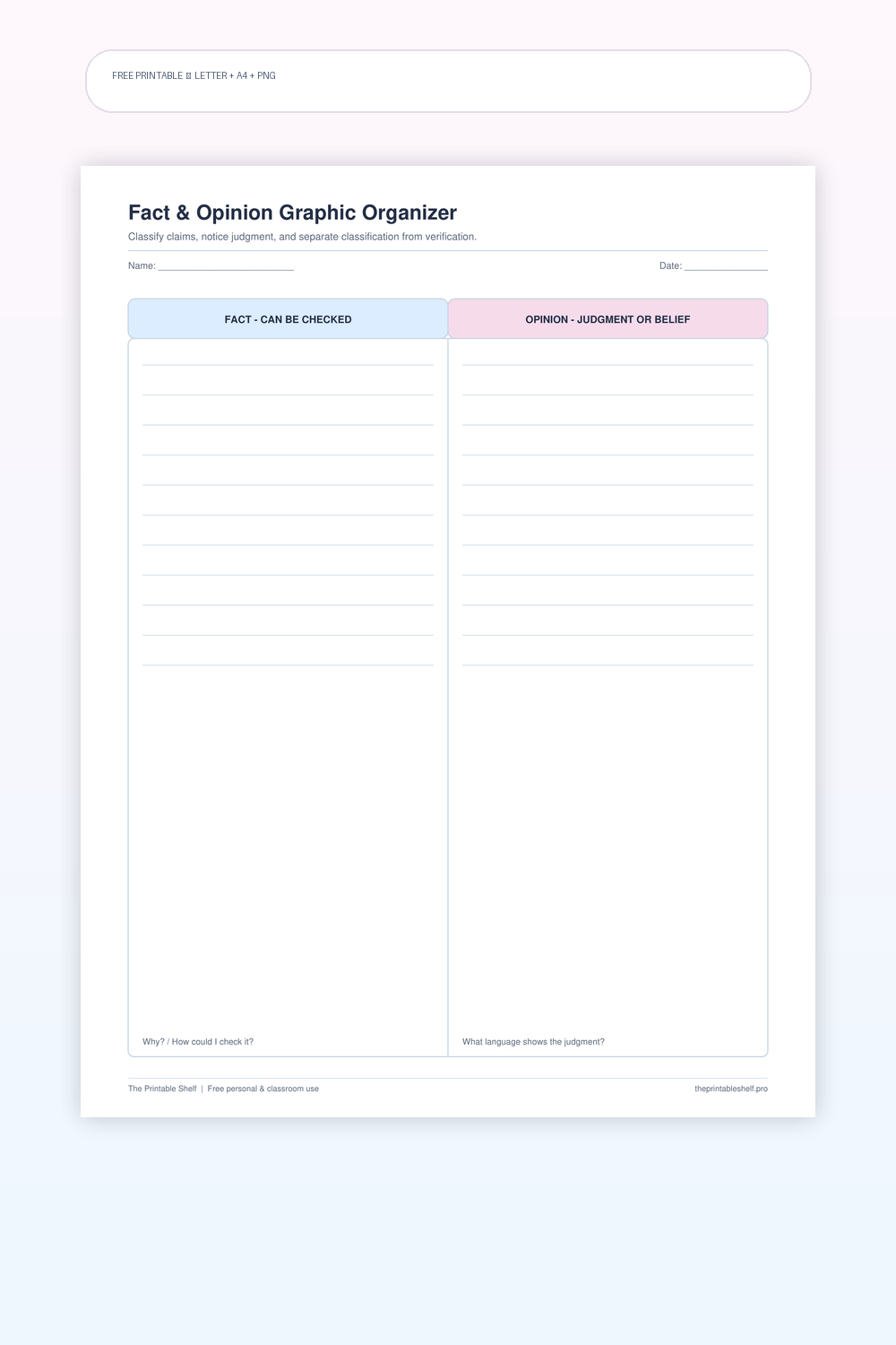 Fact and opinion graphic organizer with verification prompts