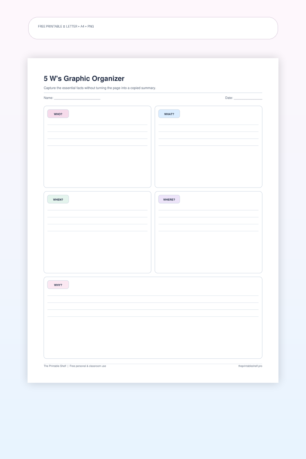 Five W's graphic organizer with Who, What, When, Where, and Why sections