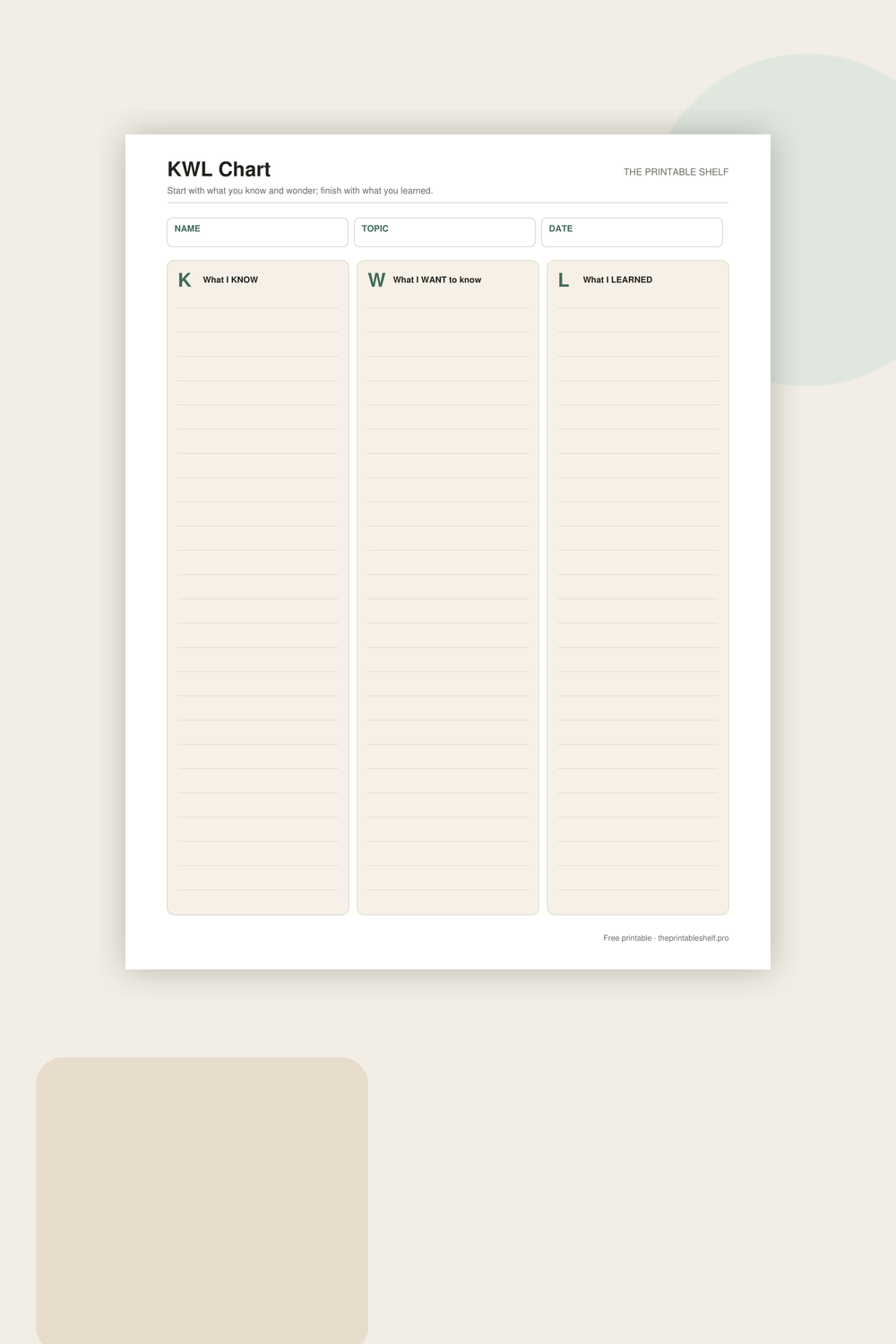 Free KWL chart printable with Know, Want to Know, and Learned columns