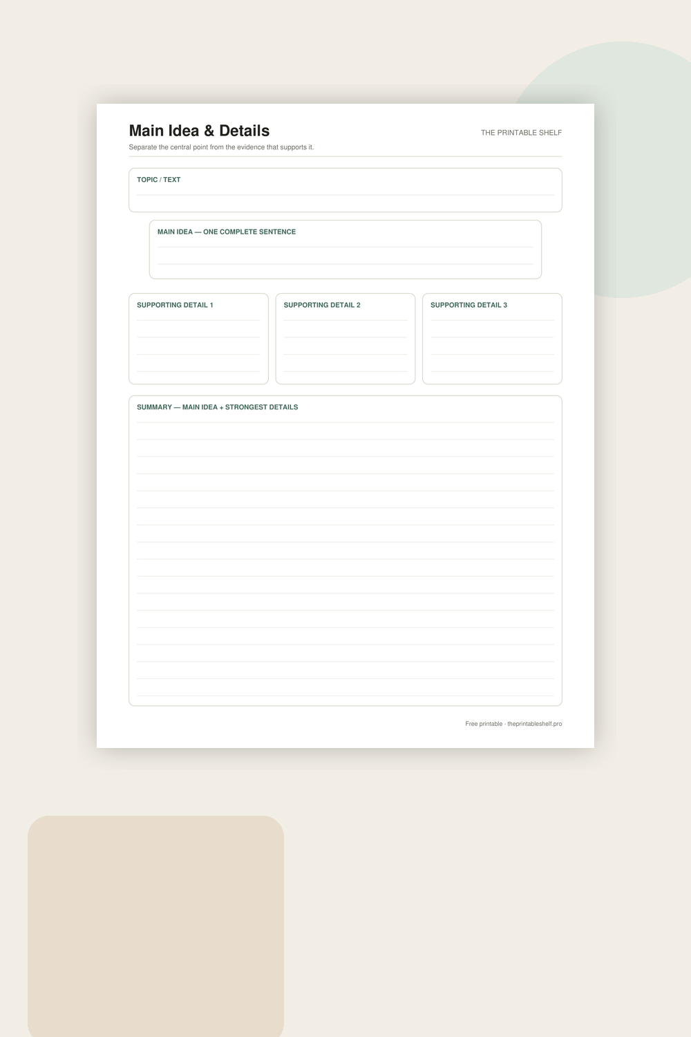 Main idea and details graphic organizer with three supporting detail boxes and summary