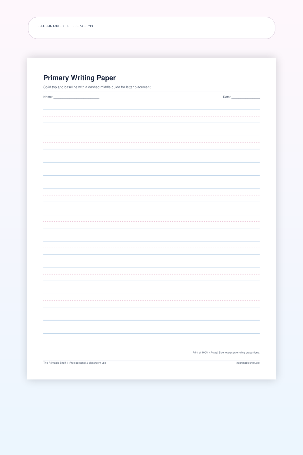 Primary writing paper printable with solid and dashed handwriting guide lines