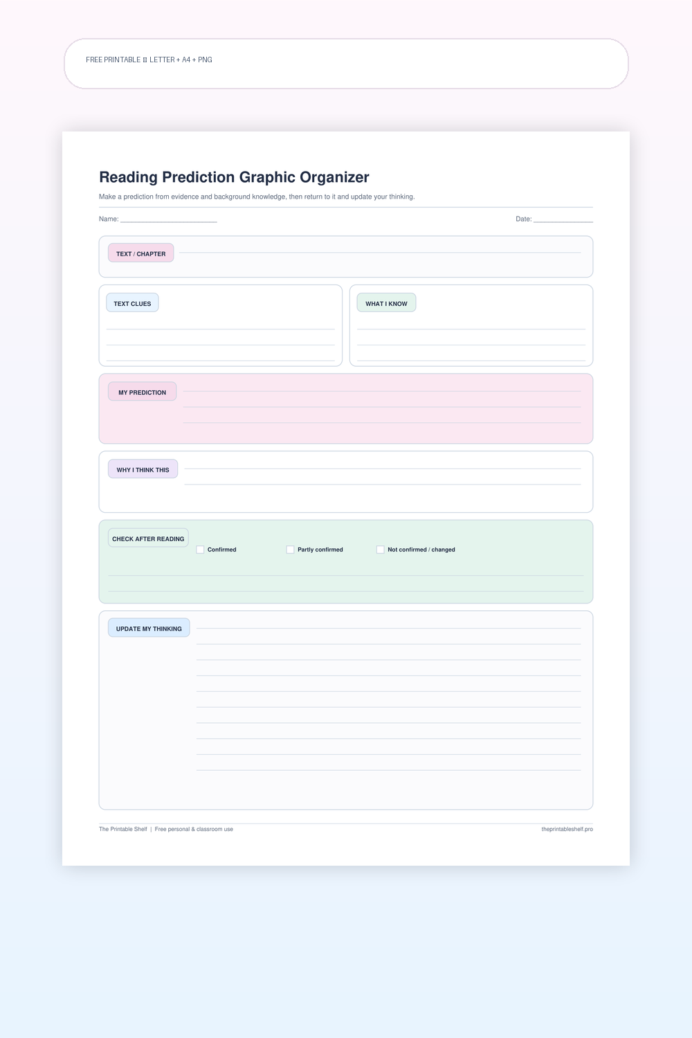 Reading prediction organizer with text clues, background knowledge, prediction, reasoning, and check-after-reading sections