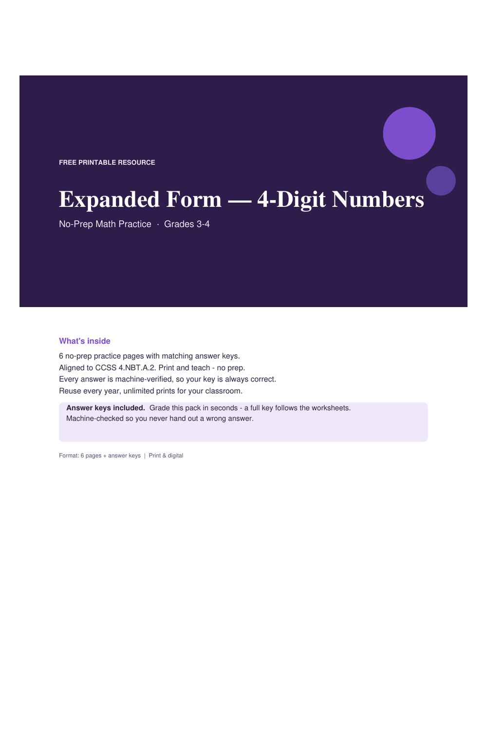 Cover preview of the free expanded form — 4-digit numbers printable PDF