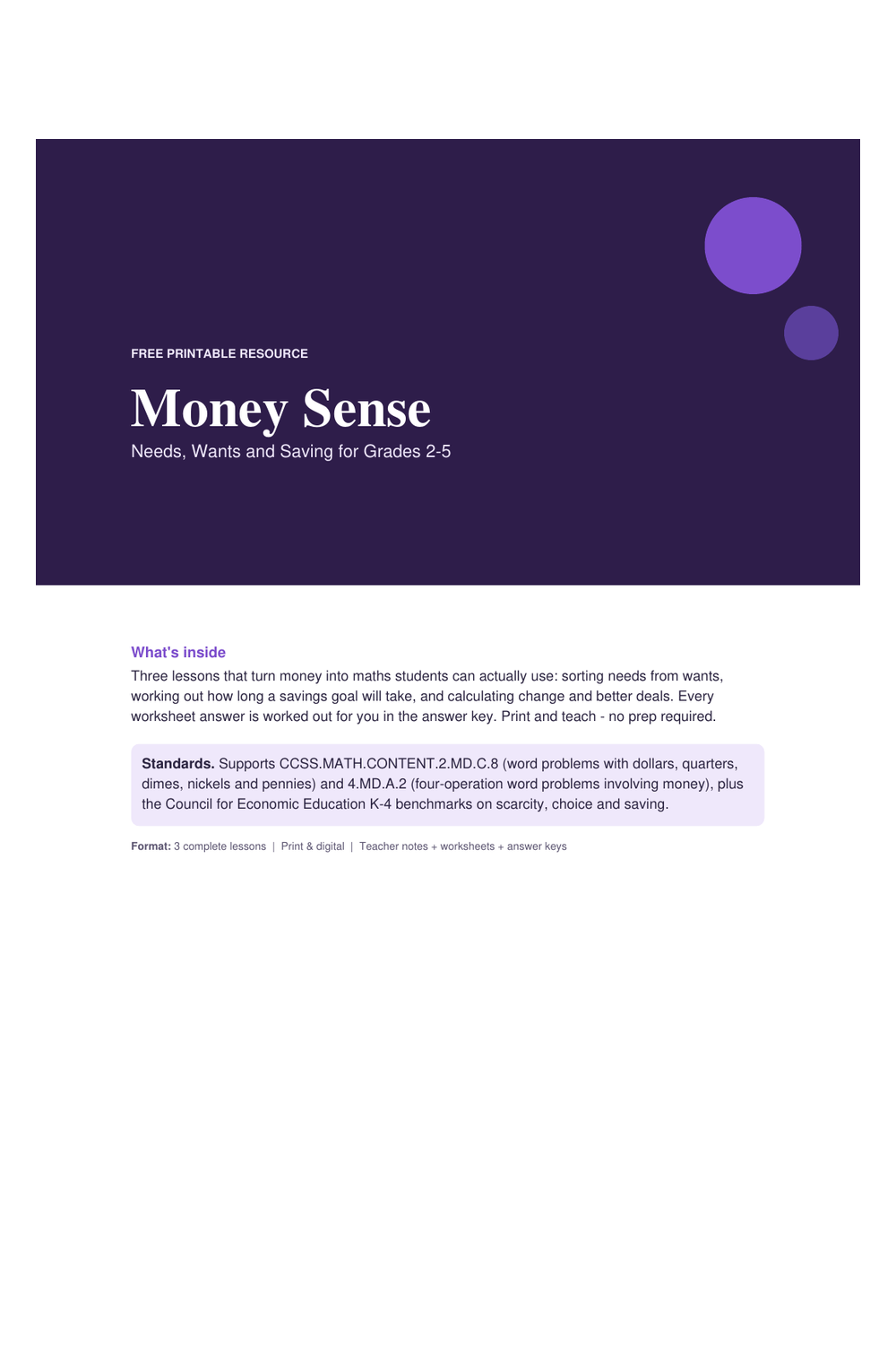 Cover preview of the free money sense unit — needs, wants & saving printable PDF
