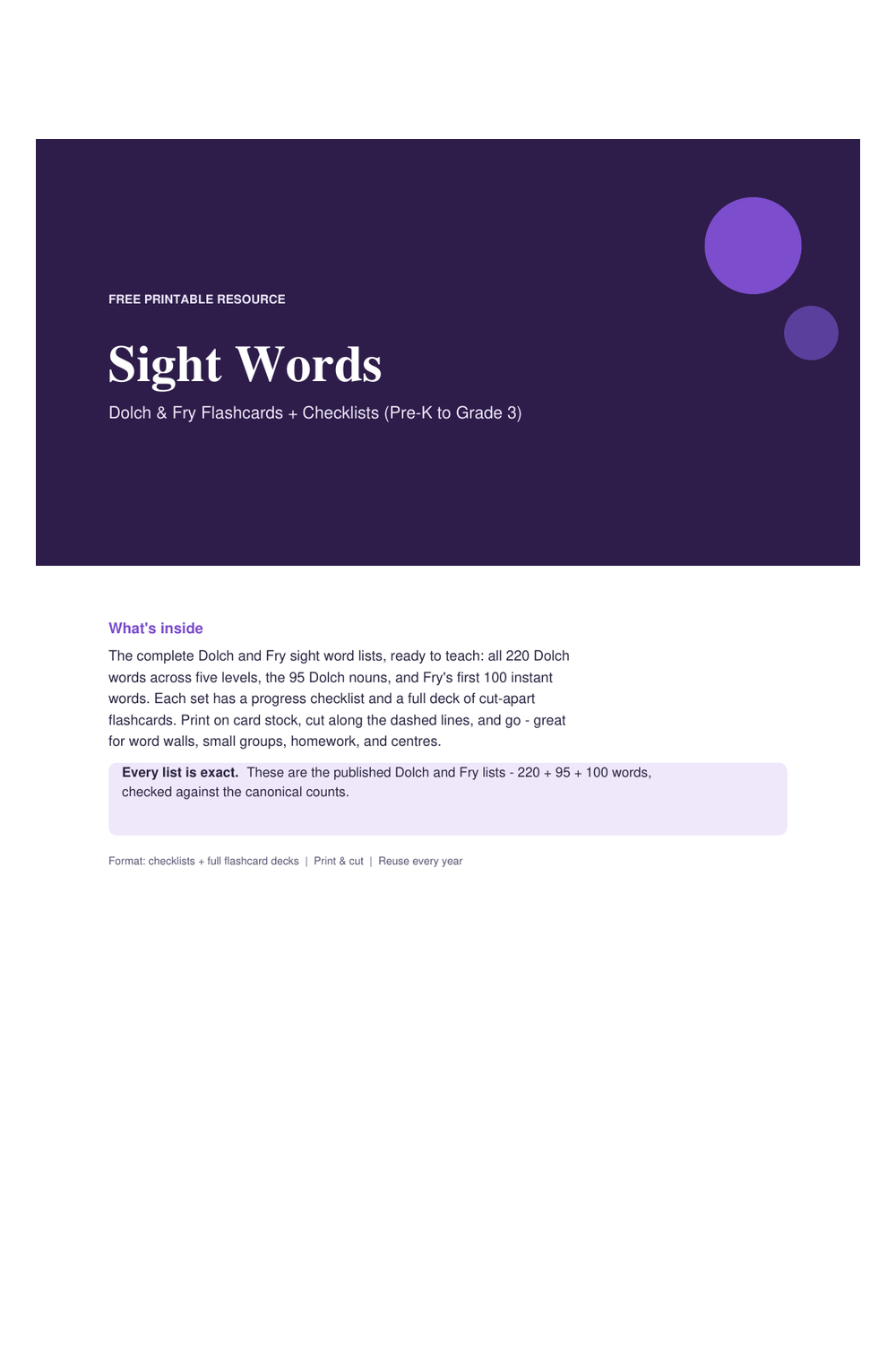 Cover preview of the free sight words — dolch & fry flashcards + checklists printable PDF