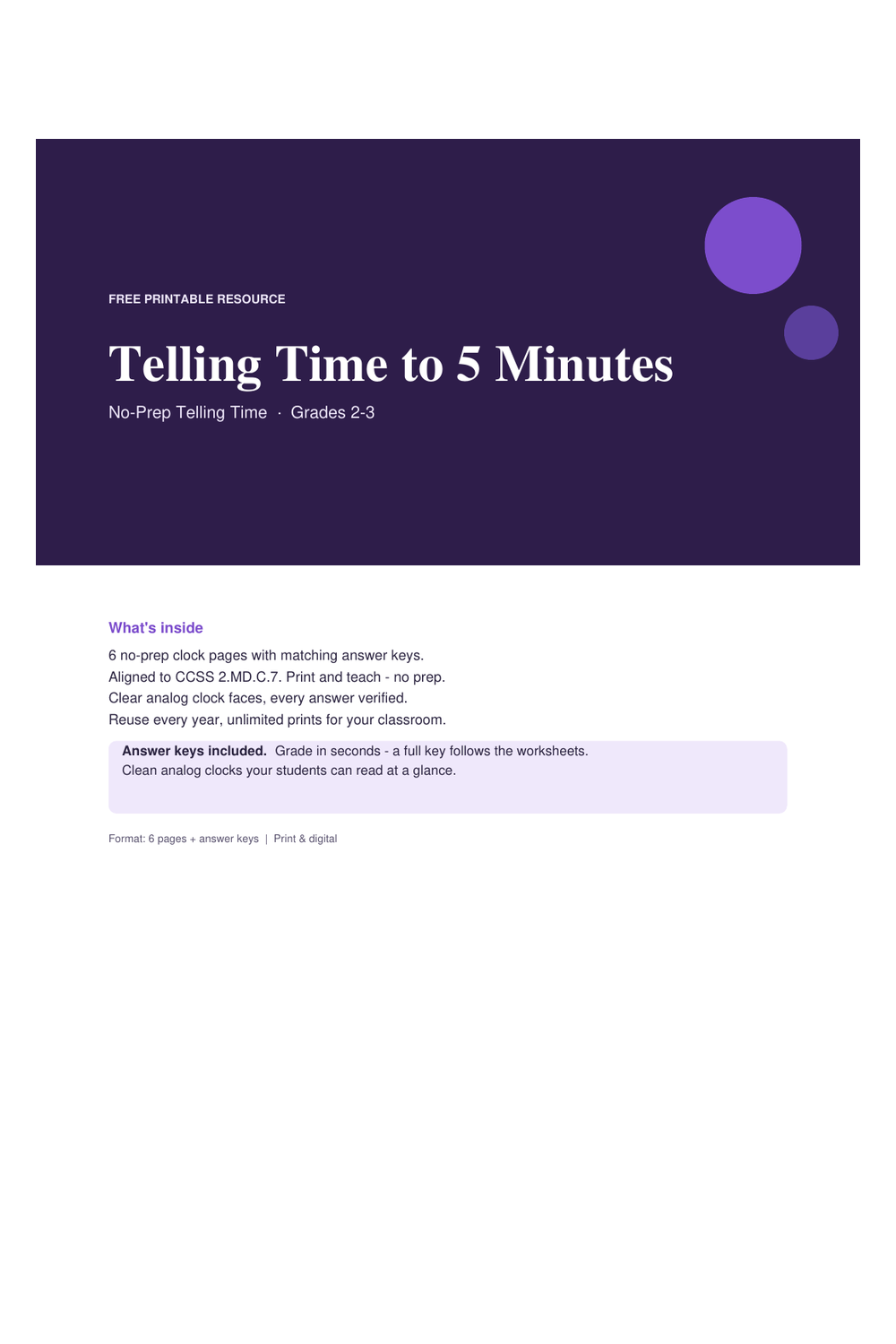 Cover preview of the free telling time to 5 minutes printable PDF