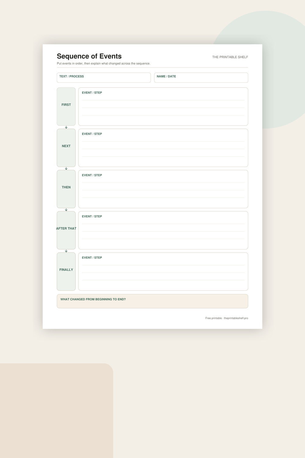 Sequence of events graphic organizer with five linked steps from First to Finally
