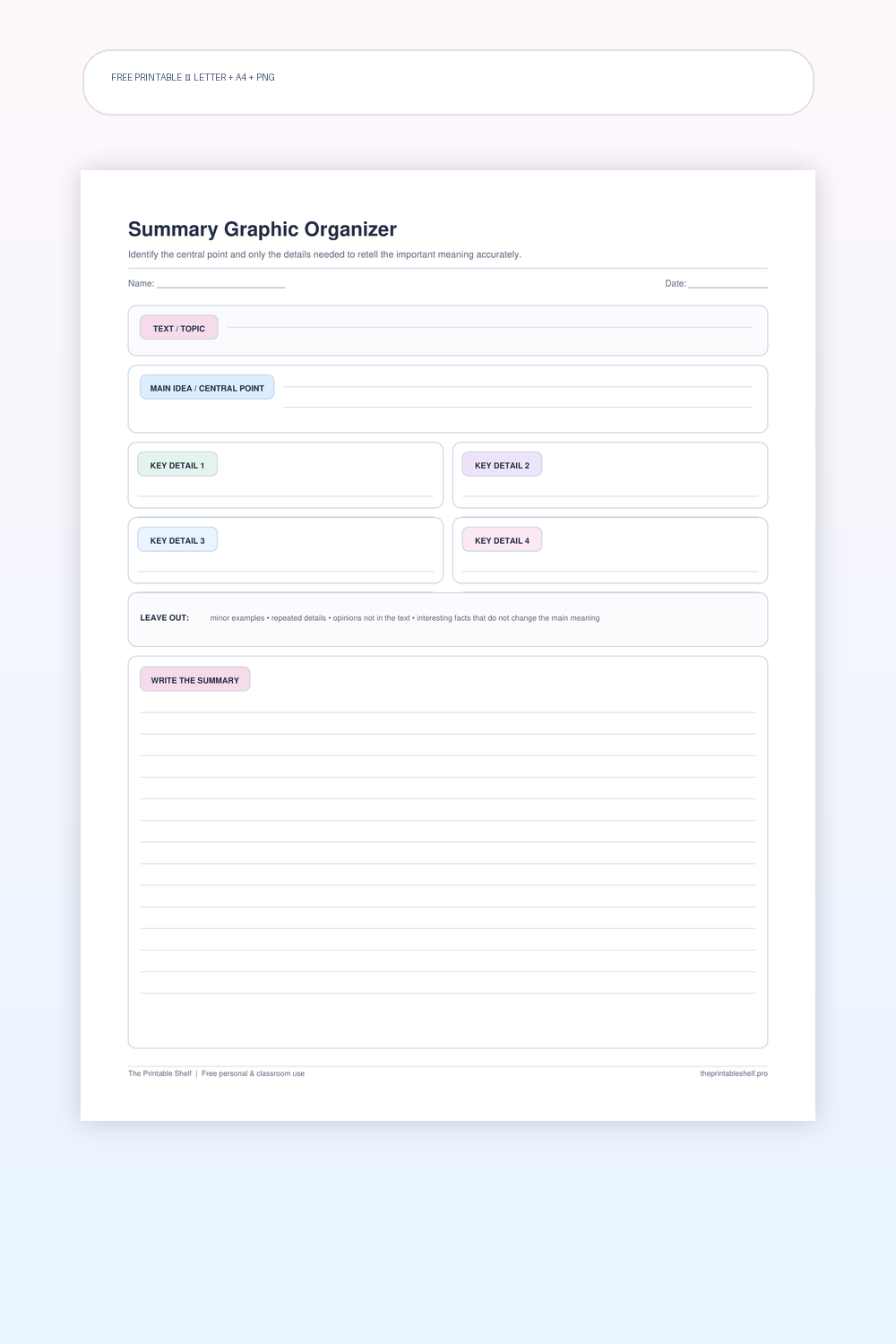 Summary organizer with main idea key details leave out and write the summary sections