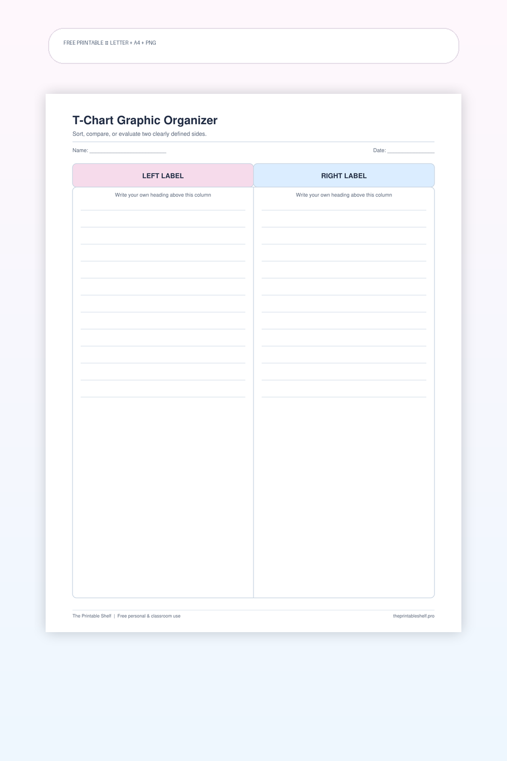 Blank two-column T-chart graphic organizer with editable-style column labels