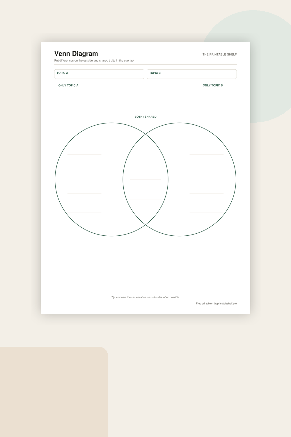 Free printable two-circle Venn diagram with Topic A, Topic B, and shared overlap